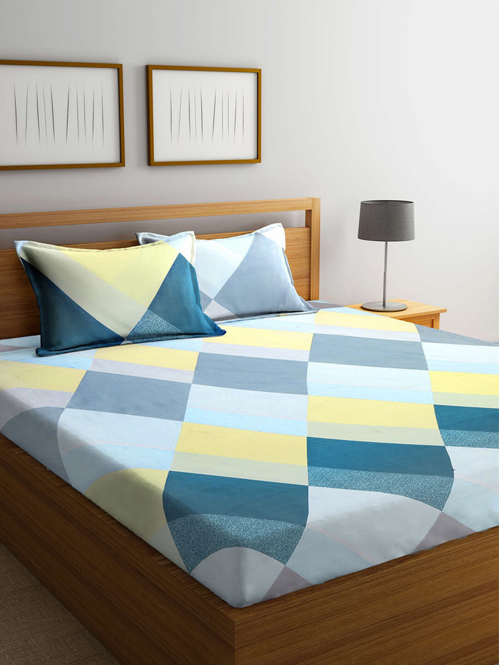 KLOTTHE Turquoise Blue & Yellow Geometric 300 TC King Bedsheet with 2 Pillow Covers