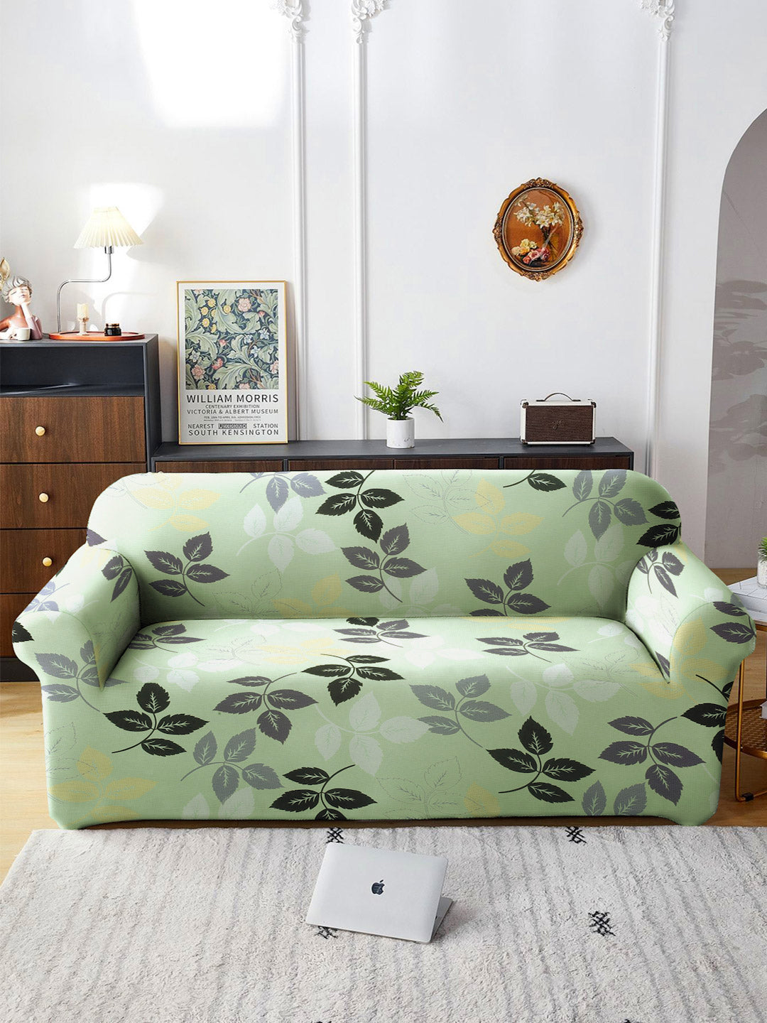 Cortina Olive Green & Black Nature Printed 3- Seater Sofa Cover