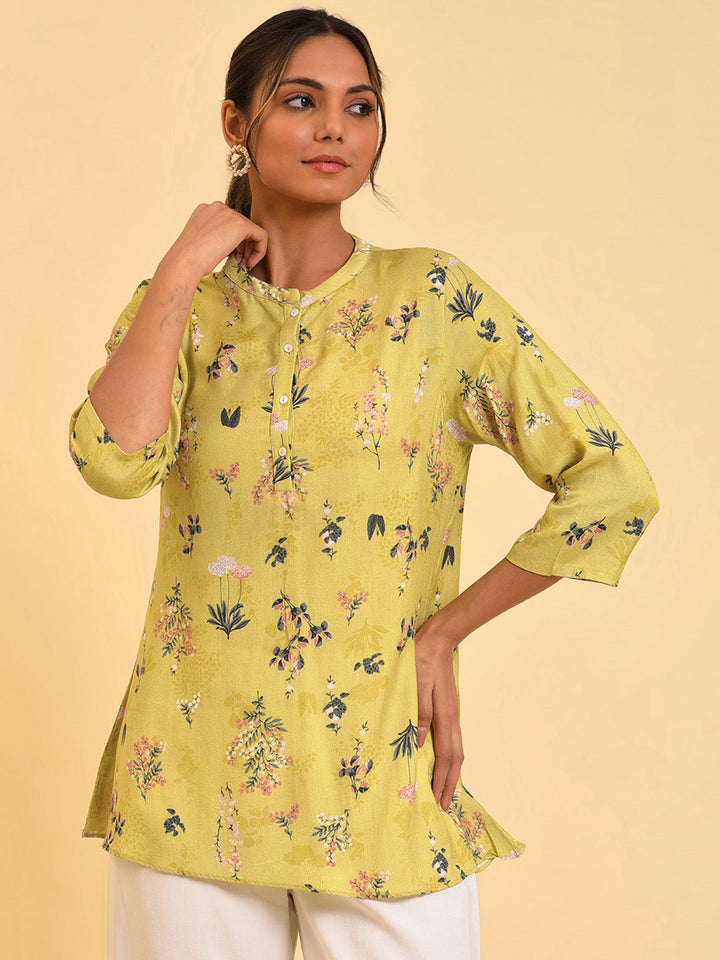 W Yellow Floral Printed Mandarin Collar Top