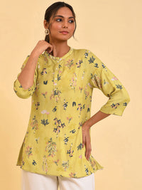 W Yellow Floral Printed Mandarin Collar Top