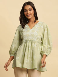 W Green & White Floral Printed Puff Sleeve Pure Cotton A-Line Top