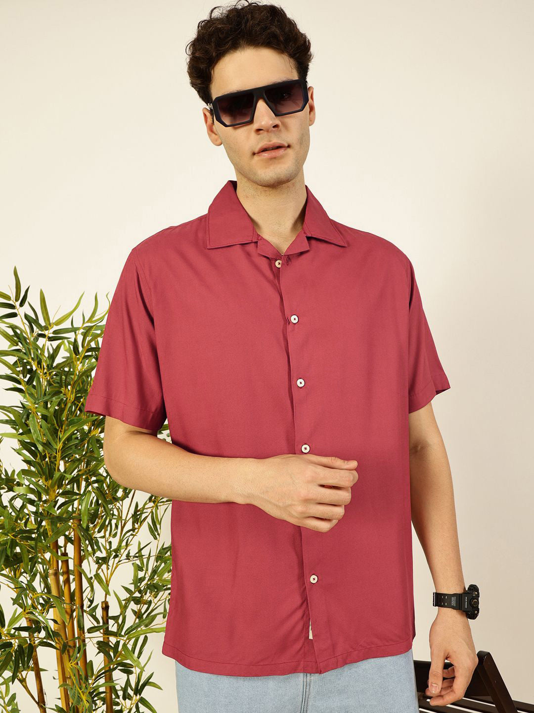 Thomas Scott Men Premium Cuban Collar Solid Oversized Casual Shirt