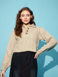 STREET 9 Beige Ribbed Cable knit Shirt Collar Acrylic Crop Pullover Sweater