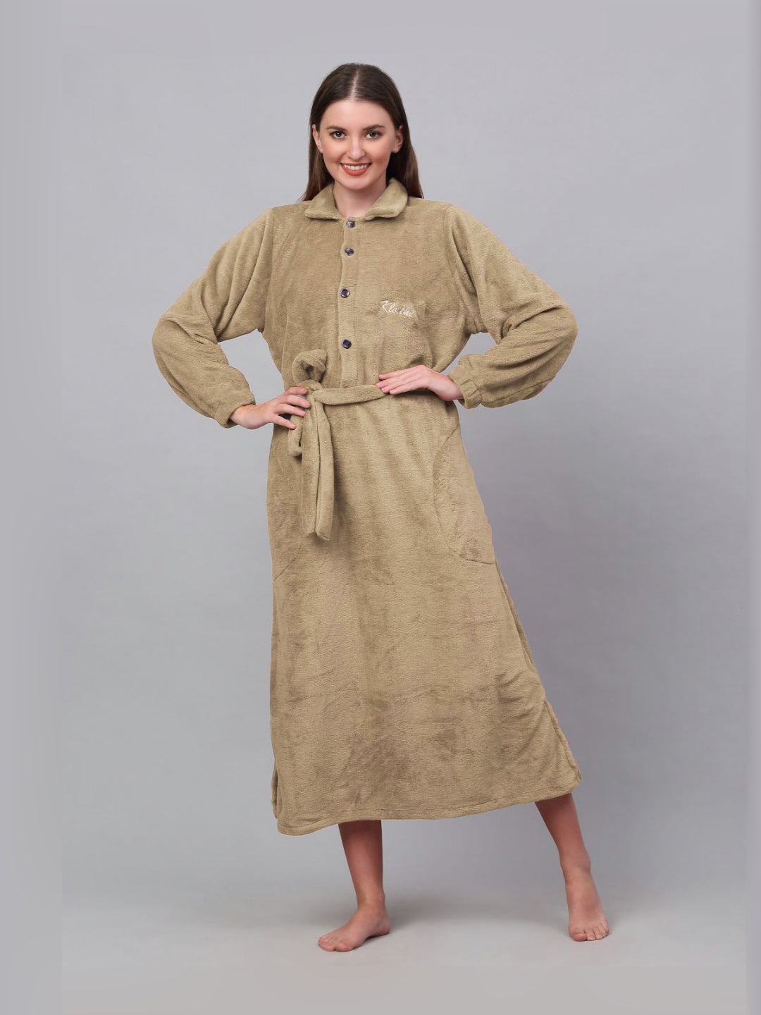 KLOTTHE Beige Woollen Long Sleeves Bath Robe With Belt