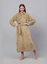 KLOTTHE Beige Woollen Long Sleeves Bath Robe With Belt