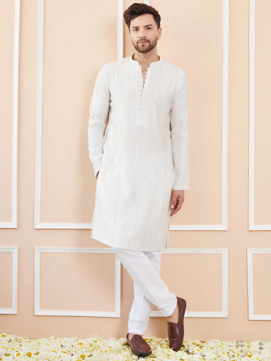 See Designs Striped Embroidered Thread Work Chanderi Silk Straight Kurta With Pyjamas