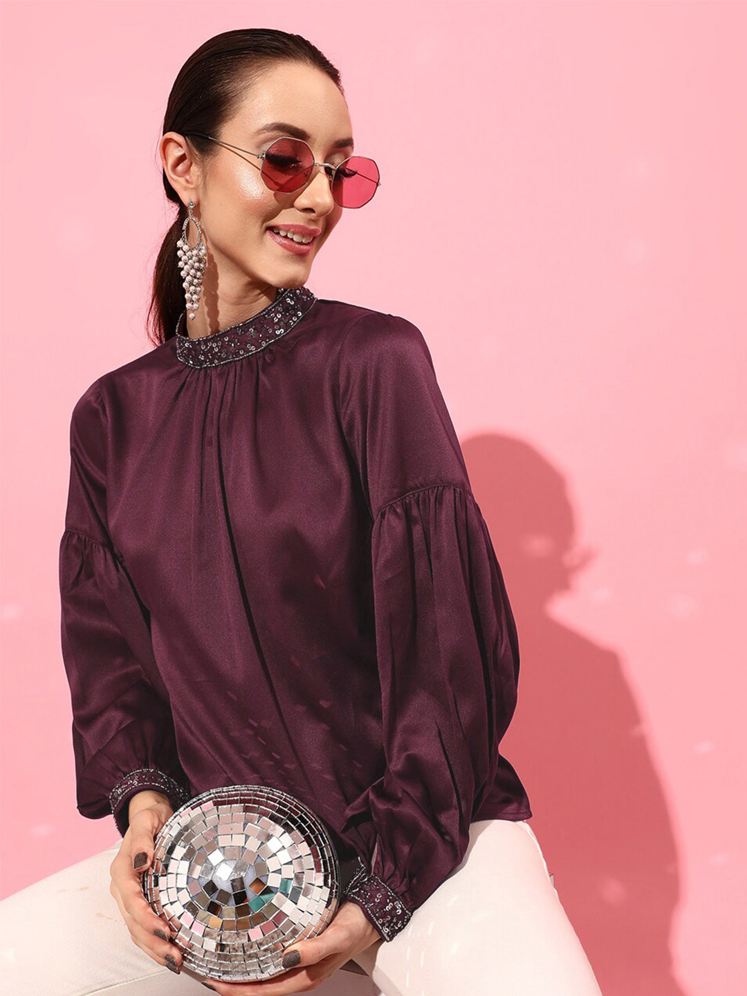 STREET 9 Burgundy Jewel Neck Top