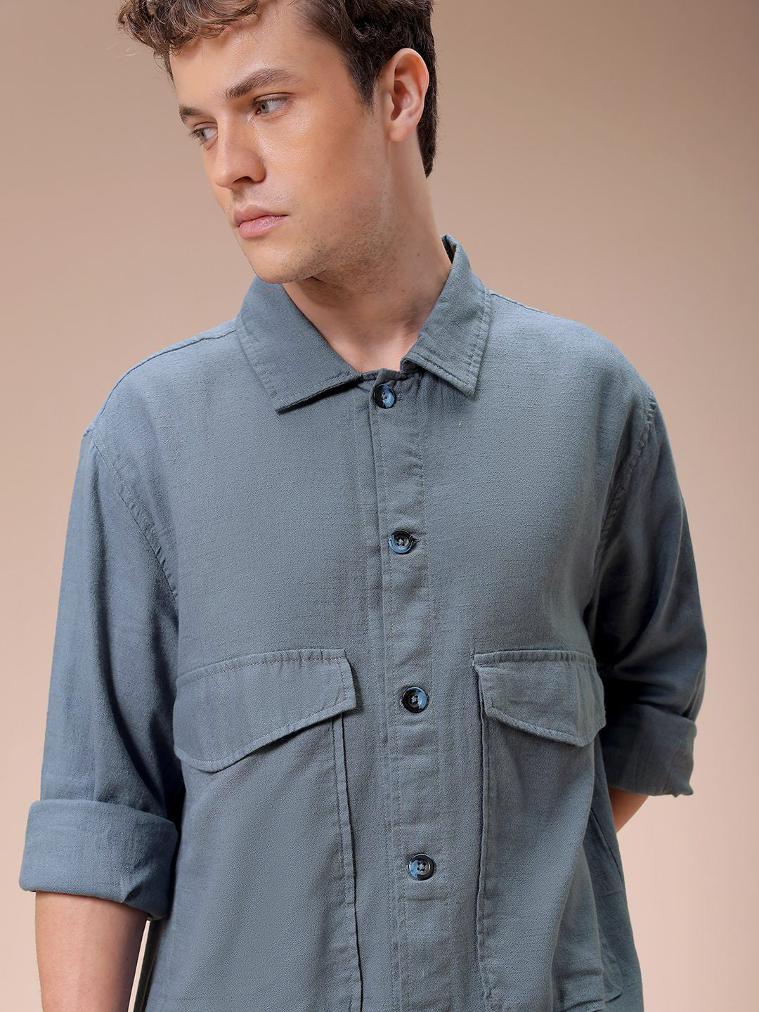 The Indian Garage Co Men Regular Fit Solid Double Flap Pocket Resortwear Overshirt
