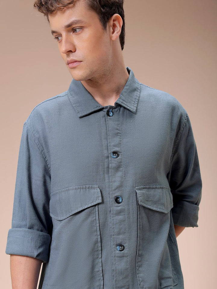 The Indian Garage Co Men Regular Fit Solid Double Flap Pocket Resortwear Overshirt
