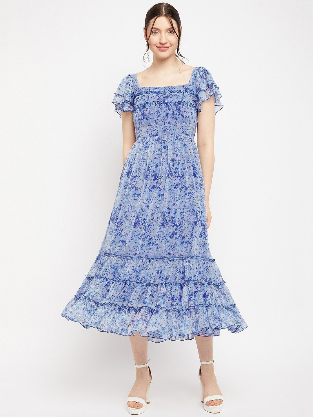 Antheaa Square Neck Abstract Printed Tiered Embellished Chiffon Fit & Flare Midi Dress