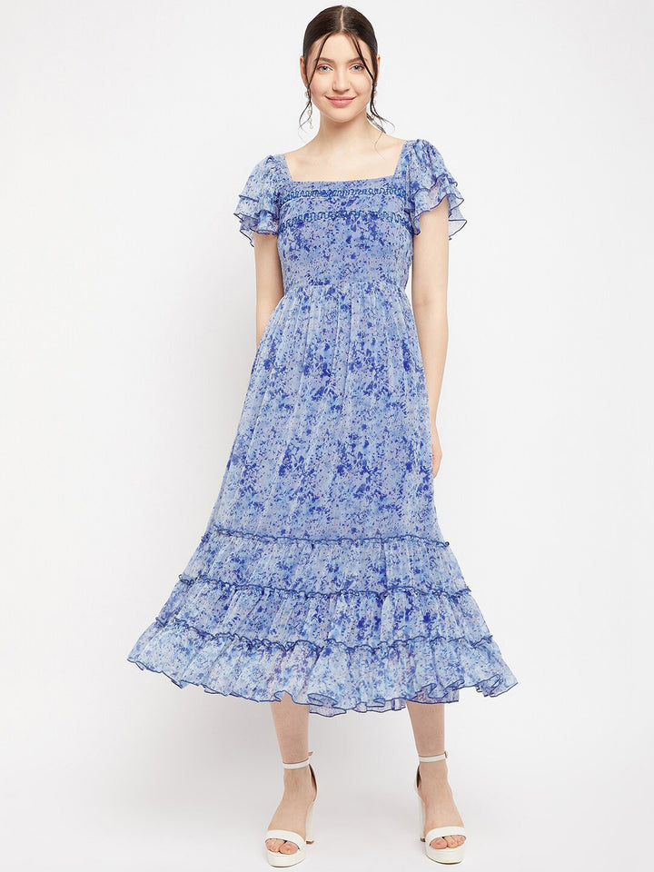 Antheaa Square Neck Abstract Printed Tiered Embellished Chiffon Fit & Flare Midi Dress