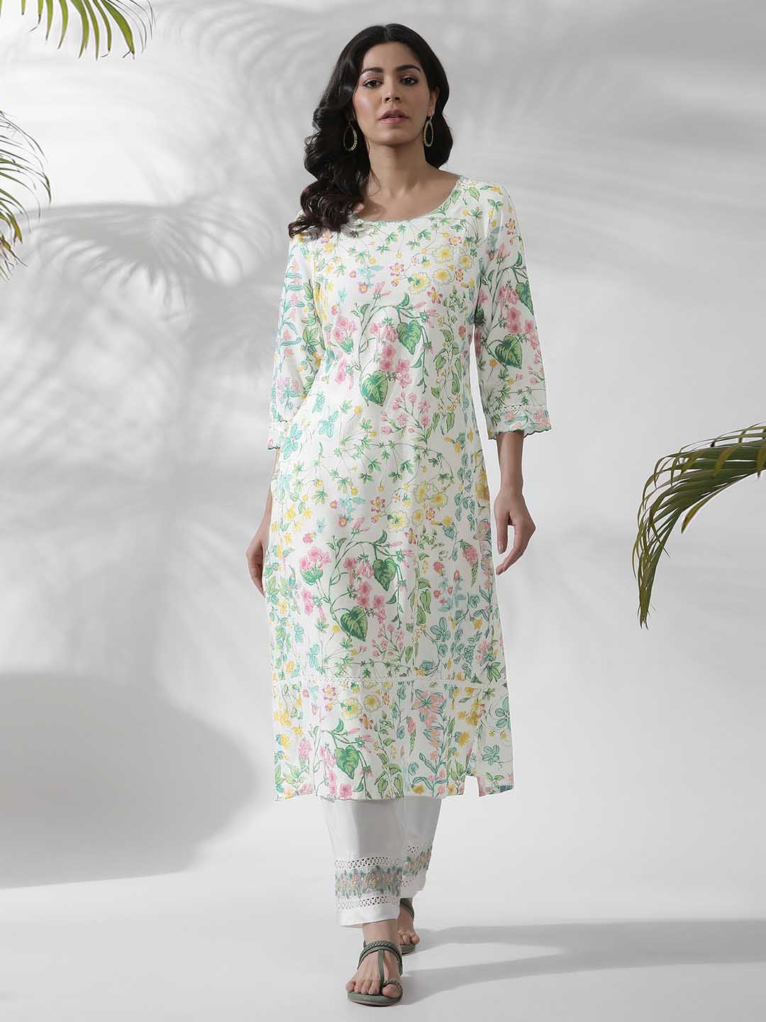 W White Floral Printed Straight Kurta