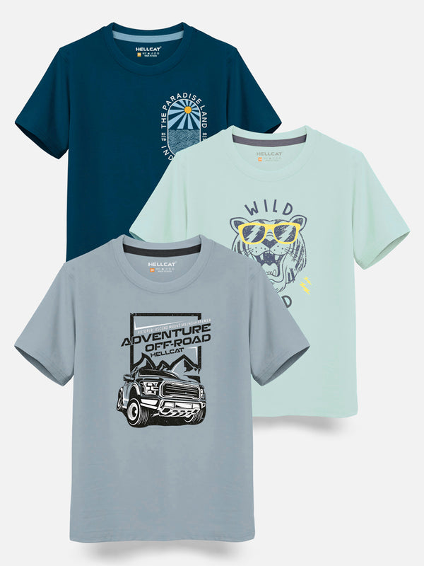 HELLCAT Boys Pack Of 3 Printed Cotton T-shirt