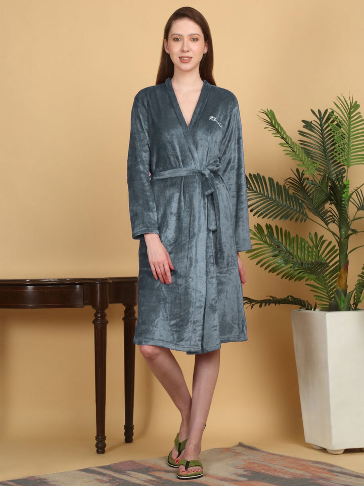 KLOTTHE Turquoise Blue Woolen Bath Robe With Belt