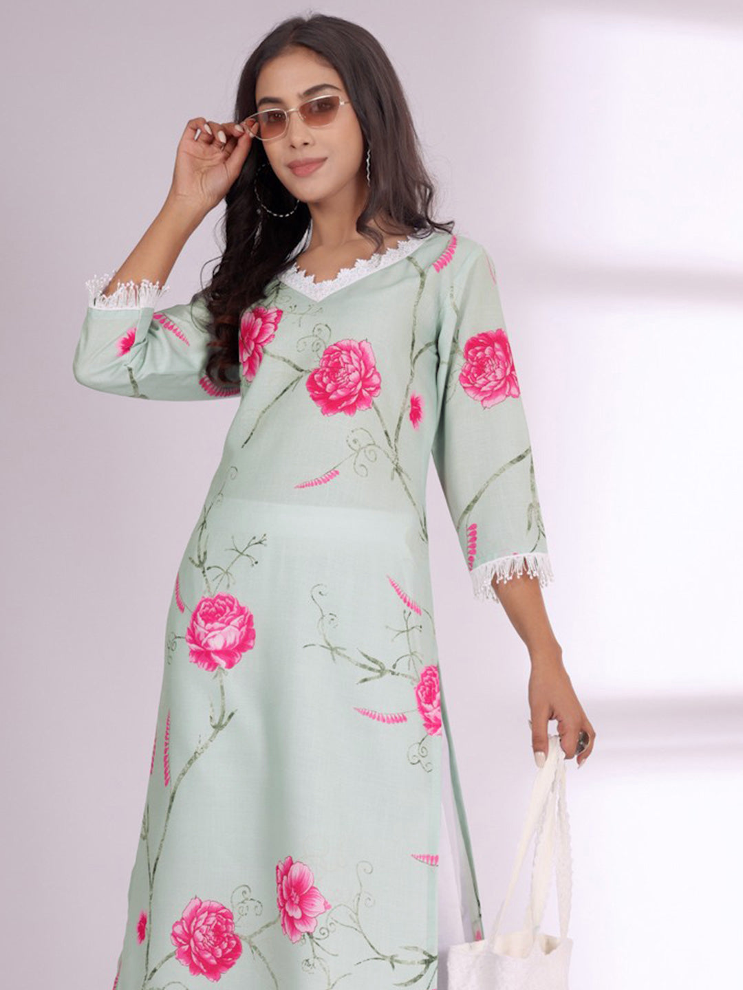 Varanga Floral Printed V-Neck Pure Cotton Straight Kurta
