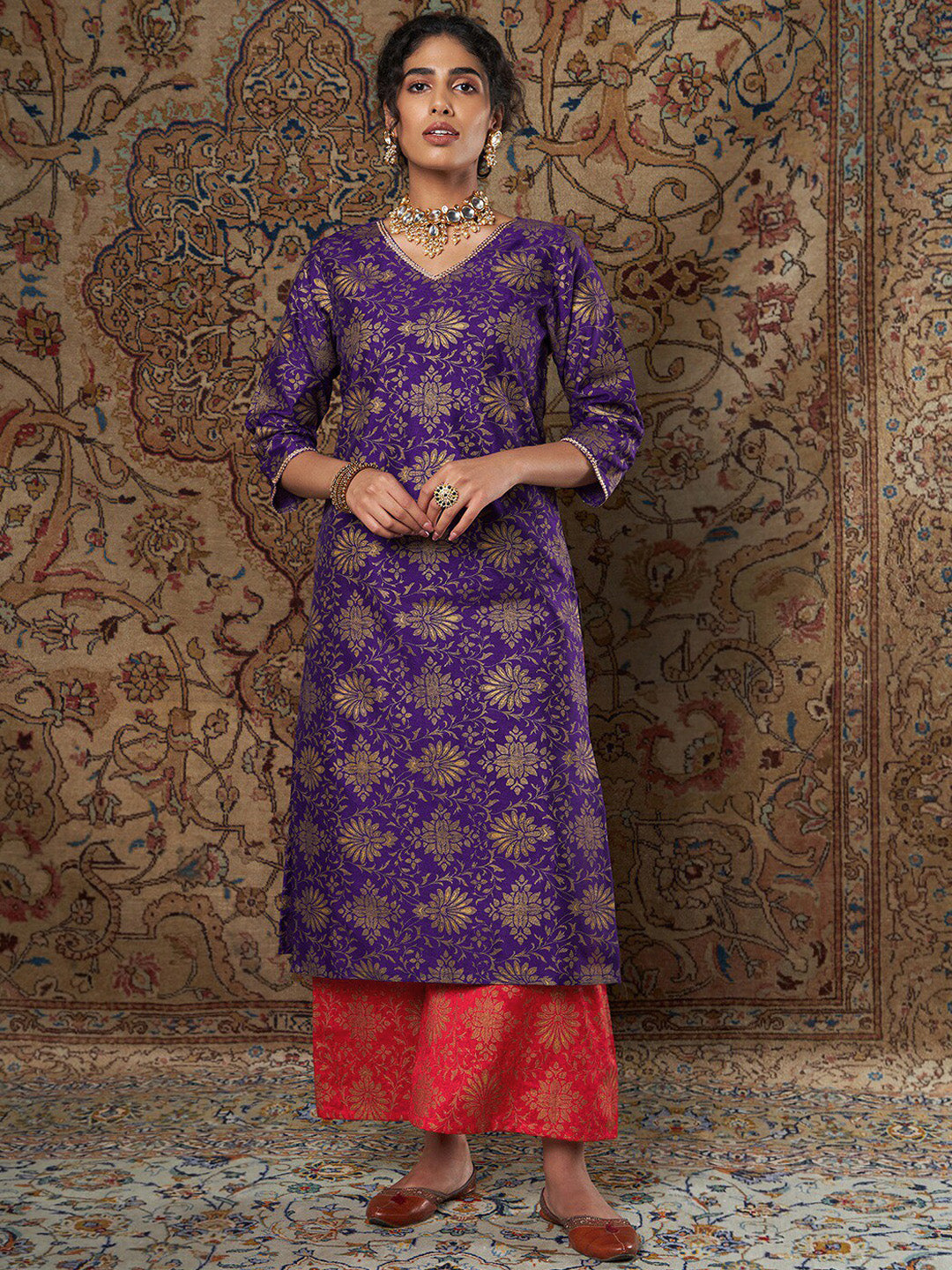 Shae by SASSAFRAS Women Purple Ethnic Motifs Yoke Design Thread Work Kurta with Palazzos