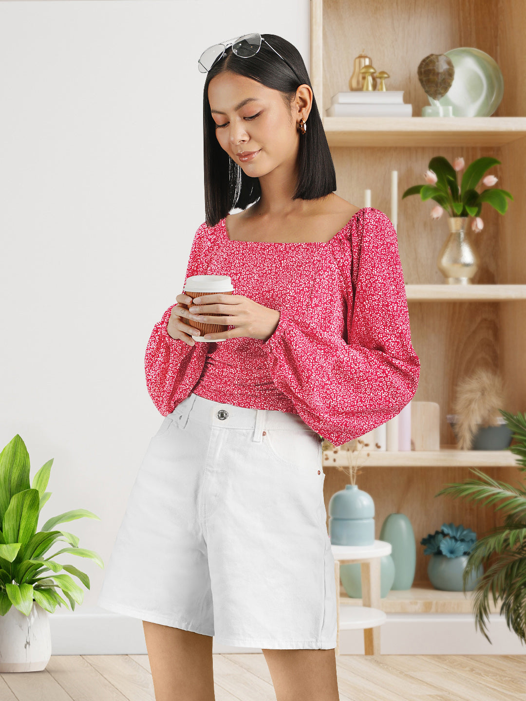 STREET 9 Maroon Floral Georgette Fitted Crop Top
