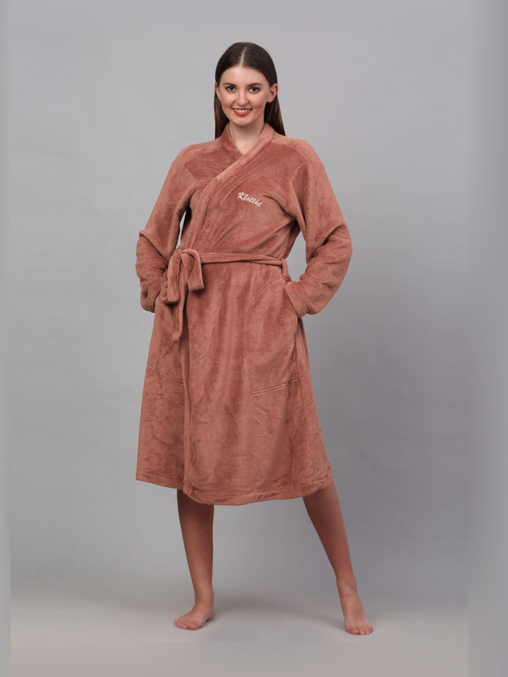 KLOTTHE Rust Woollen Long Sleeves Bath Robe With Belt