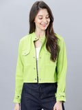 Tokyo Talkies Women Green Solid Crop Pure Cotton Denim Jacket