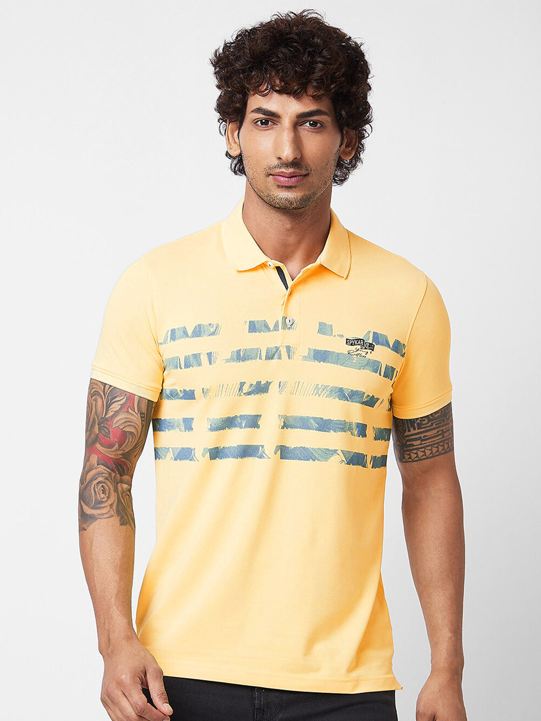 SPYKAR Polo Collar Short Sleeves Abstract Print Cotton Slim Fit T-shirt