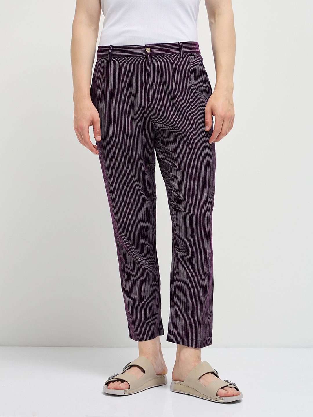 THE BEAR HOUSE Men Striped Slim Fit Pleated Trousers