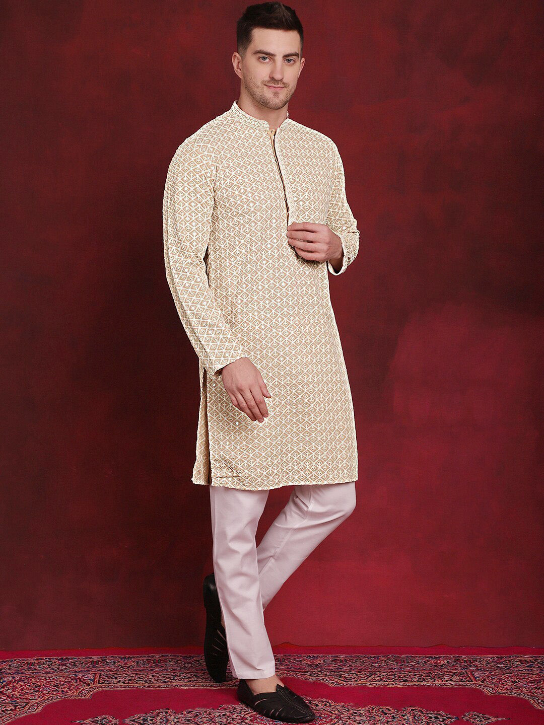 Jompers Embroidered Regular Sequinned Pure Cotton Kurta with Pyjamas