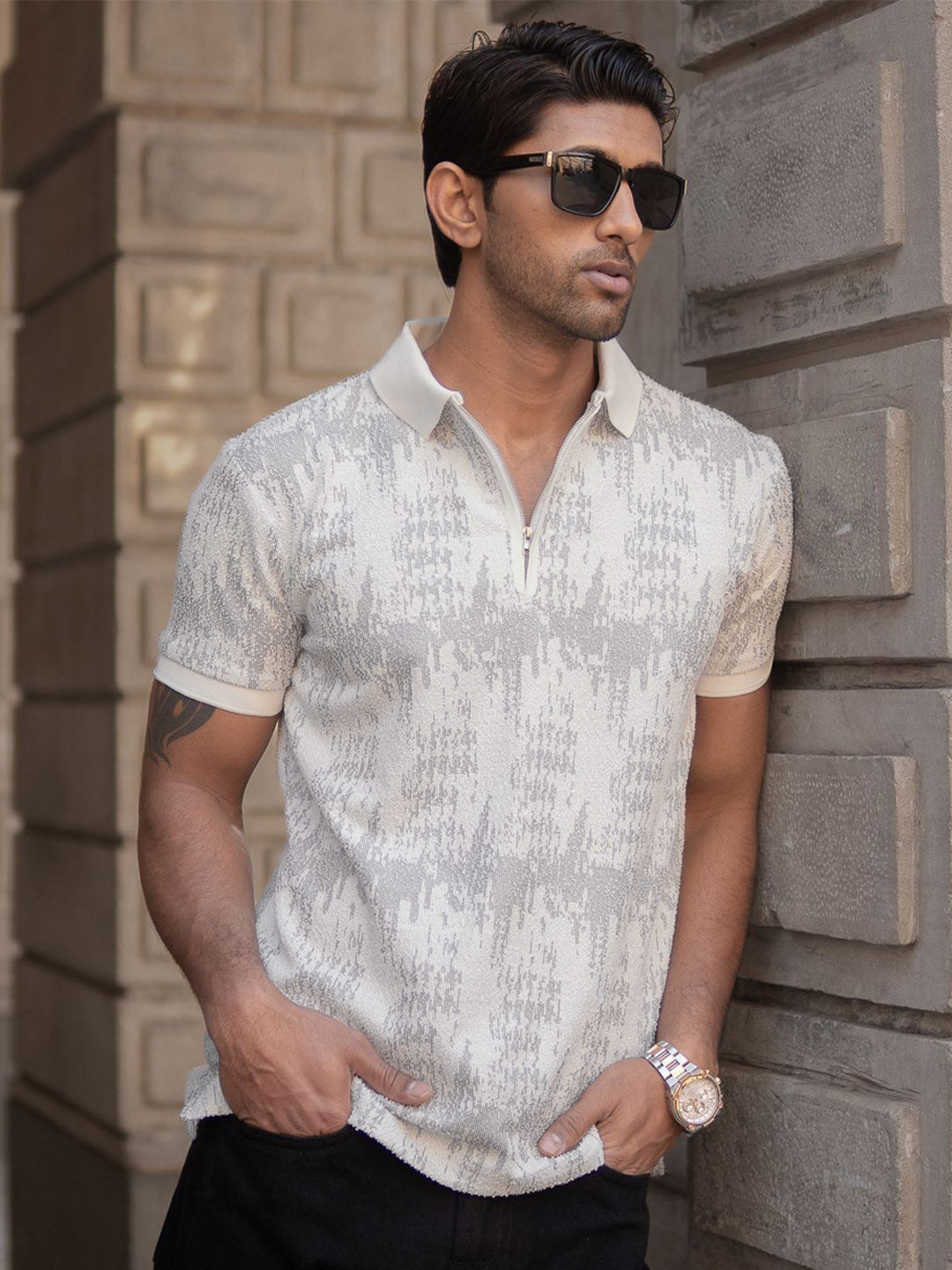 Powerlook Men Abstract Printed Polo Collar T-shirt