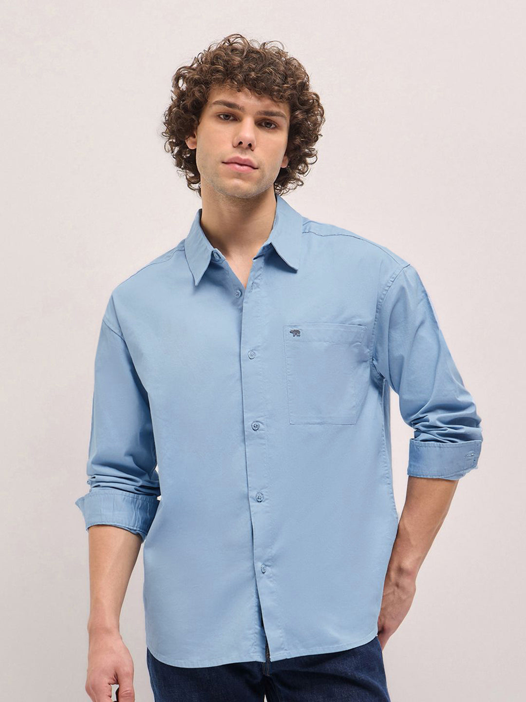THE BEAR HOUSE Men Spread Collar Solid Cotton Relaxed Fit Casual Shirt