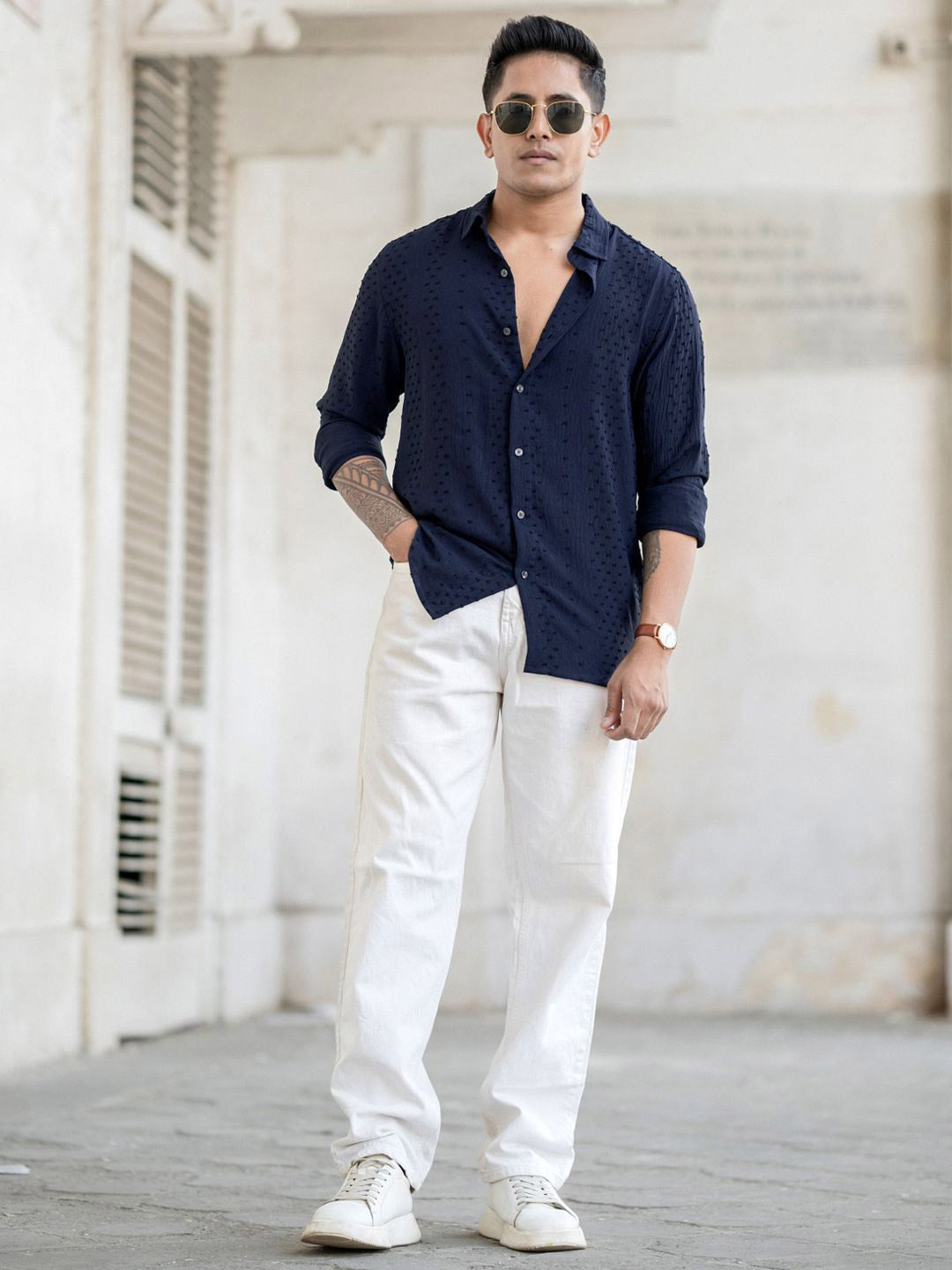 Powerlook Men Spread Collar Textured Casual Shirt