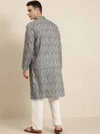 SOJANYA Lelaki Grey & Yellow Pure Cotton Ethnic Motifs Printed Kurta