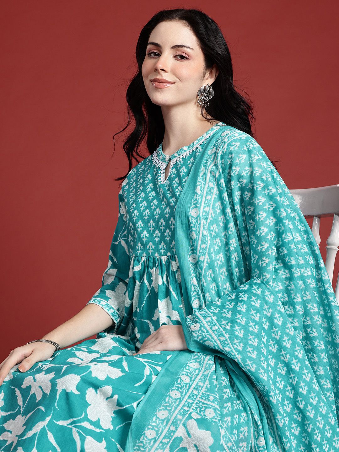 Anouk Printed Pleated Kurta with Trousers & Dupatta