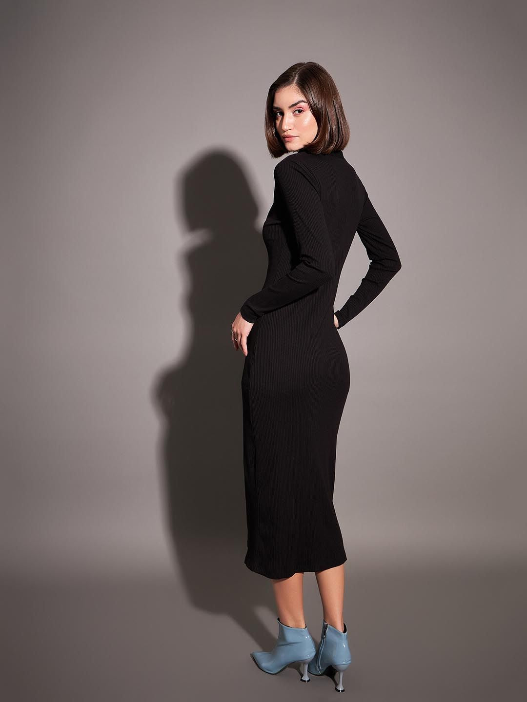 SASSAFRAS Black Ribbed Sheath Midi Dress