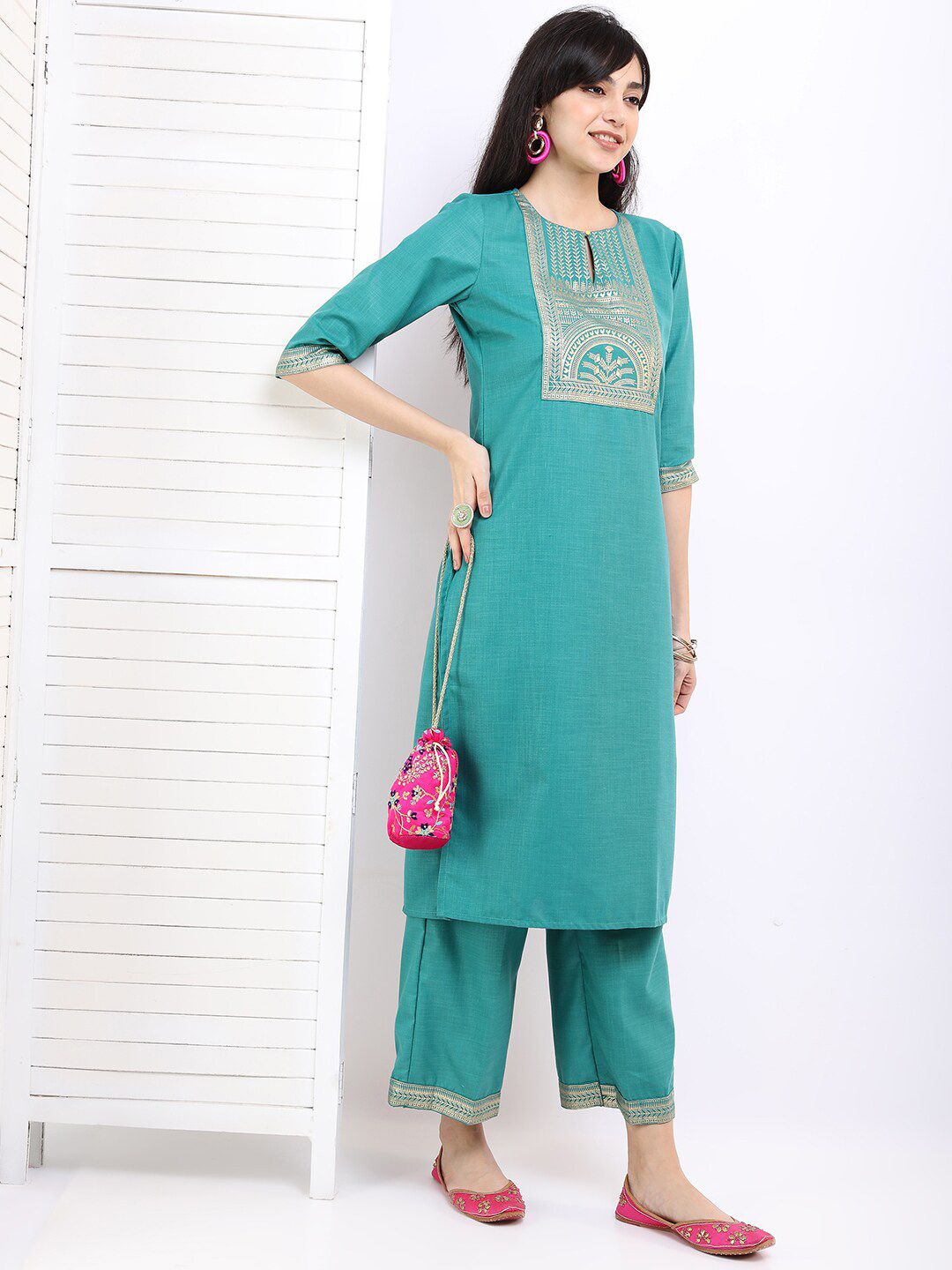Vishudh Women Sea Green Ethnic Motifs Printed Kurta with Palazzos & With Dupatta