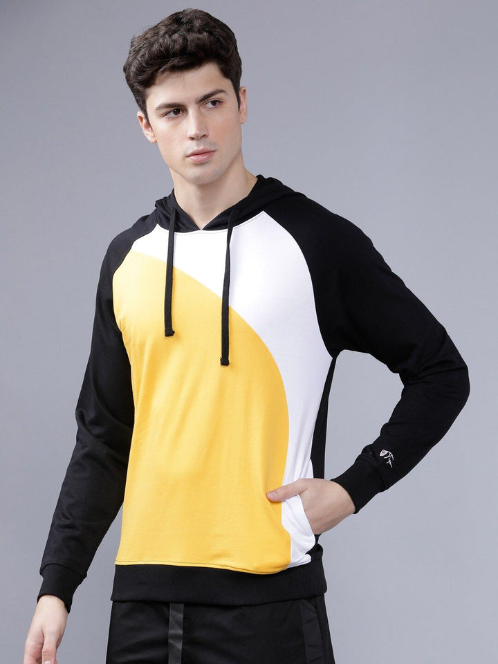 The Indian Garage Co Men Black & Yellow Colourblocked Hooded Sweatshirt