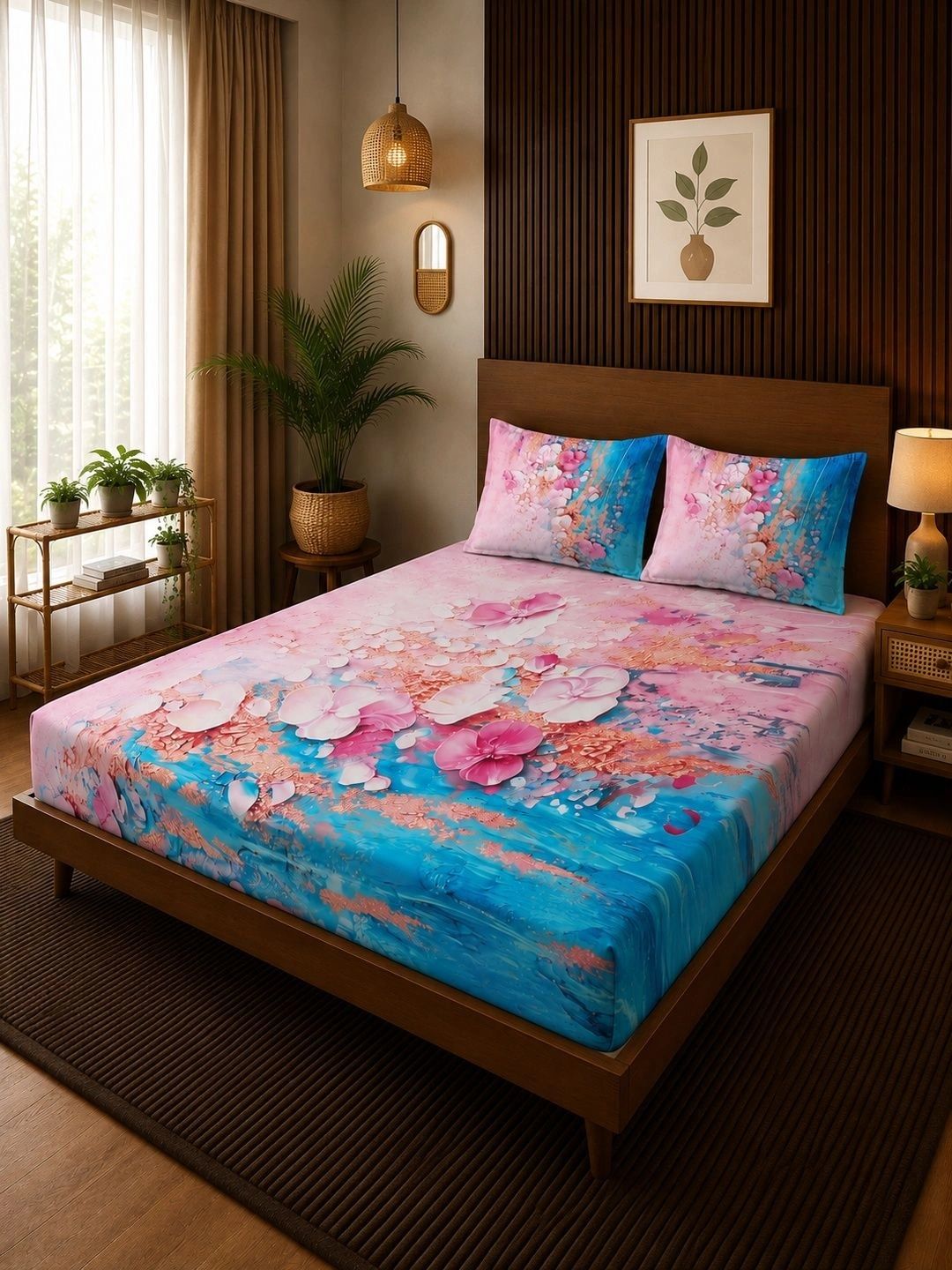 Moda Rapido X KLOTTHE Biru & Merah Jambu Bunga 400 TC Cadar King dengan 2 Sarung Bantal