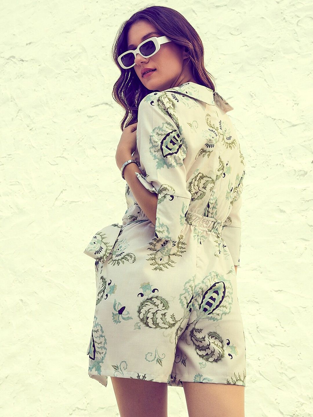 Athena Green & White Linen Printed Jumpsuit