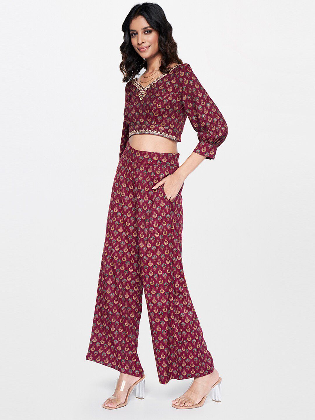 Global Desi Printed V-Neck Top & Palazzos