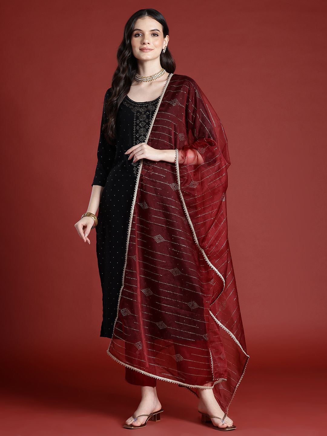 Anouk Mukaish Detailed Kurta with Trousers & Dupatta