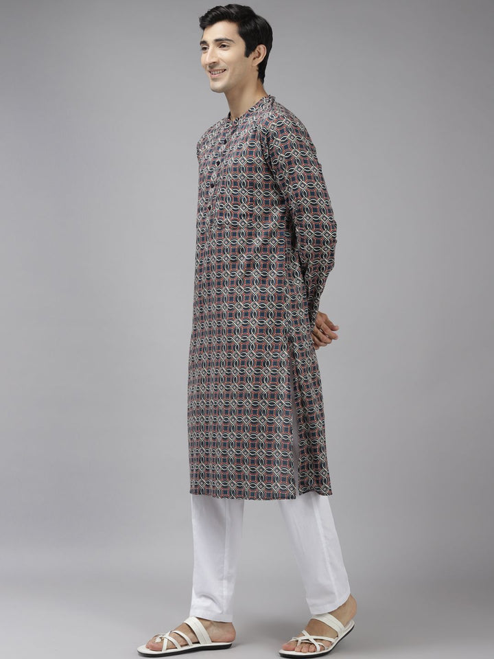 See Designs Men Navy Blue Printed Pure Cotton Kurta with Trousers