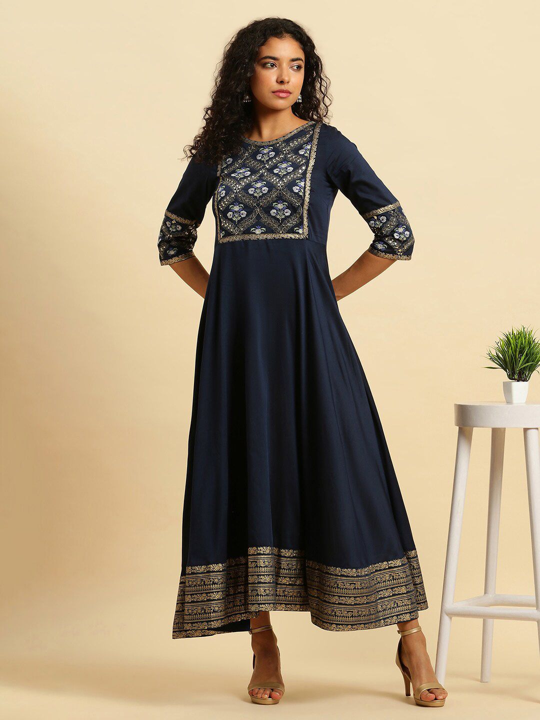 W Blue Floral Embroidered Sequined Maxi Ethnic Dress