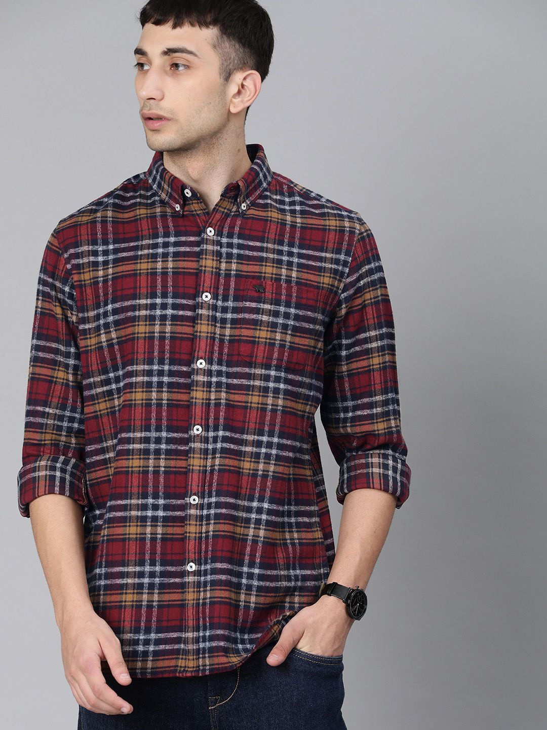 THE BEAR HOUSE Men Maroon & Navy Blue Slim Fit Checked Flannel Casual Shirt