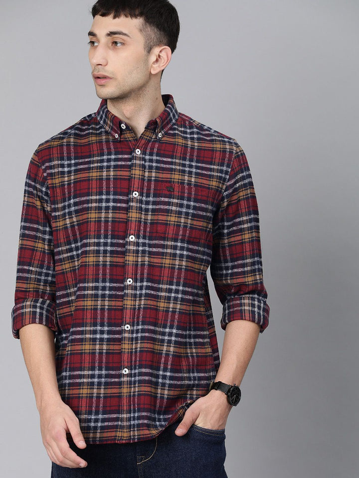 THE BEAR HOUSE Men Maroon & Navy Blue Slim Fit Checked Flannel Casual Shirt