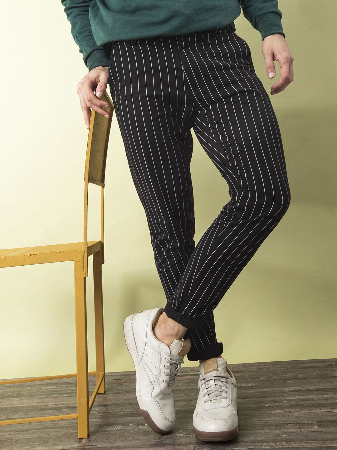 The Indian Garage Co Men Black & White Slim Fit Striped Regular Trousers
