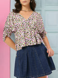 DressBerry Floral Mania Ruched Sleeves Cinched Waist Top