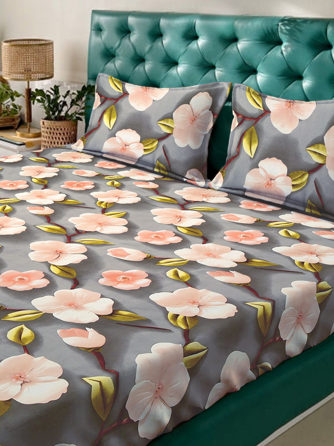KLOTTHE Grey Floral Fitted 300TC King Superfine 7D Cadar & 2 Sarung Bantal-2.50mx2.25m