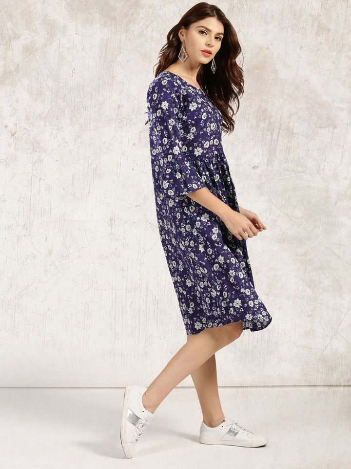Anouk Navy & White Floral Printed Pure Cotton Kurta Dress