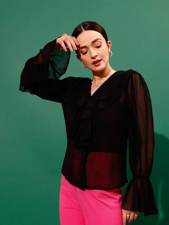 STREET 9 V-Neck Shirt Style Sheer Ruffled Top