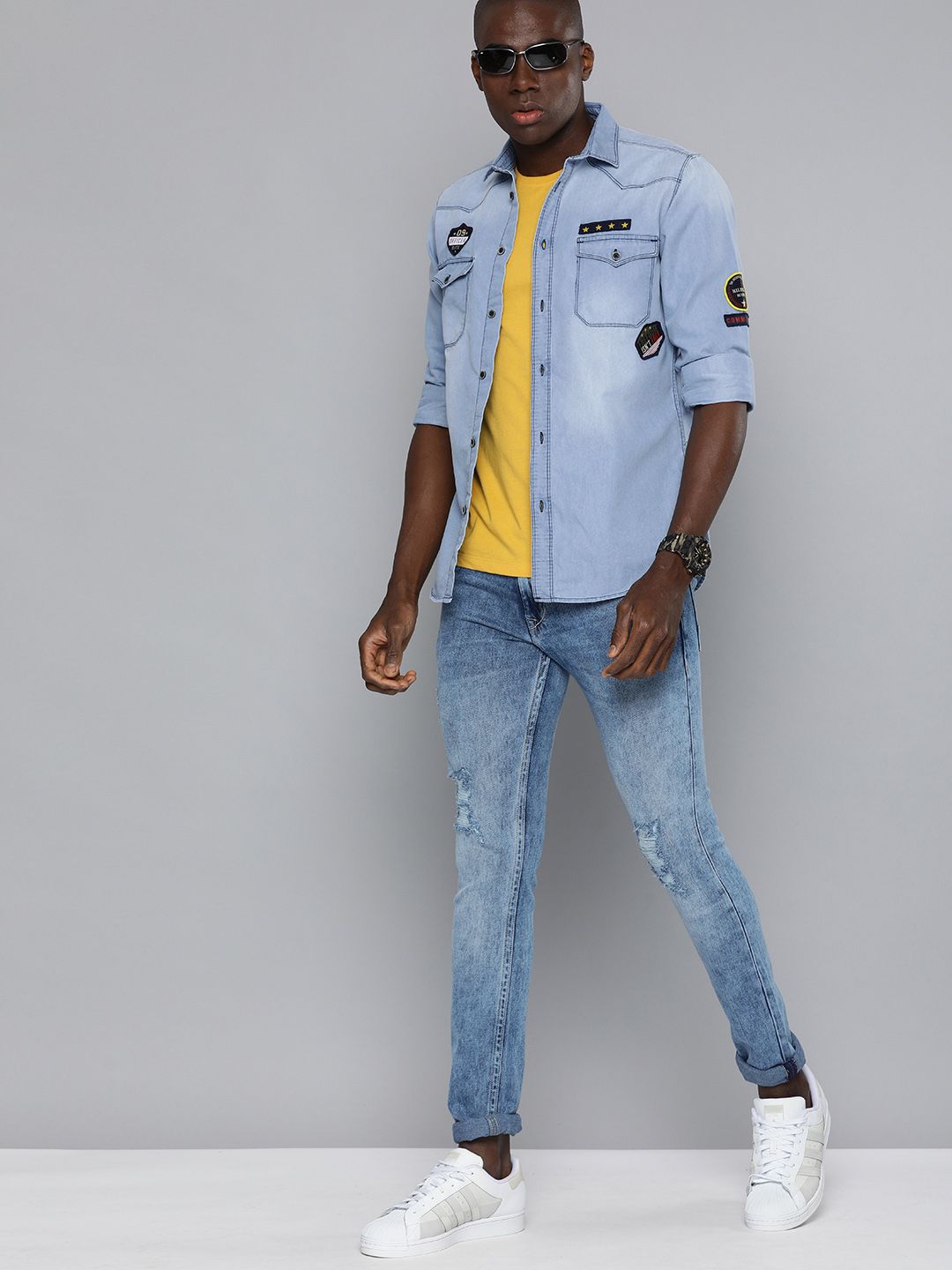 The Indian Garage Co Men Blue Slim Fit Faded Opaque Faded Casual Shirt