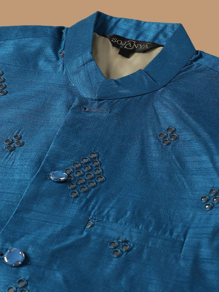 SOJANYA Ethnic Motifs Embroidered Regular Pure Cotton Kurta with Churidar & Nehru Jacket