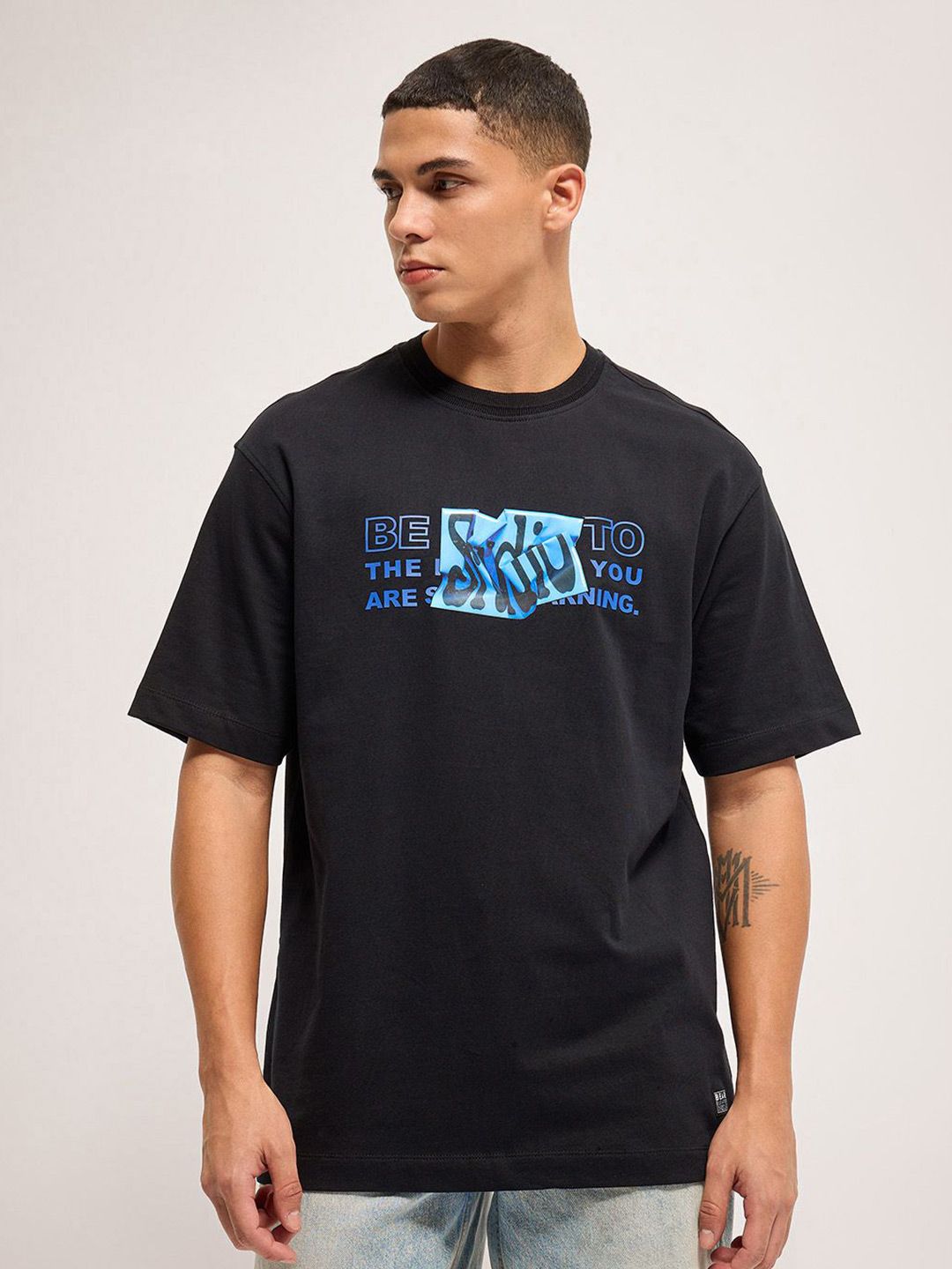 THE BEAR HOUSE Men Typography Printed Round Neck Cotton Oversized T-Shirt